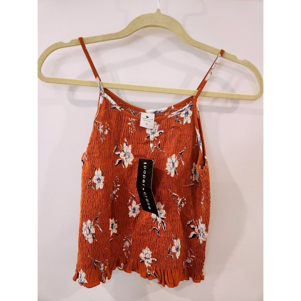 Paper Crane Smocked Floral Cami Tank Top‎ Women's Size S Ruffle Hem Orange